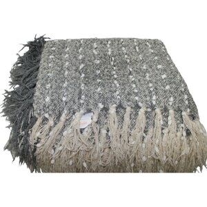 Shabby Chic Gray & White Polyster/Acrylic Throw Blanket Fringe Tassels Boho